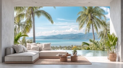 Fototapeta premium Luxurious modern living space opens to a stunning tropical ocean vista with infinity pool