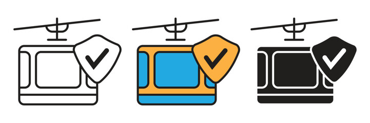 Cable car cabin vector icon set with a protective shield showing a checkmark. © sunaerih