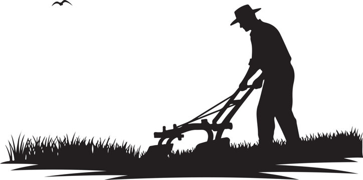 Man plowing field with plow and oxen silhouette black