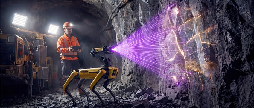 Boston Dynamics Spot performing tunnel scan as mining engineer monitors technology and rock structures