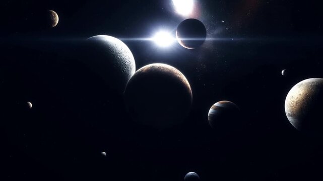 Slow pan tracking shot of multiple planets drifting and orbiting past bright star in deep outer space void