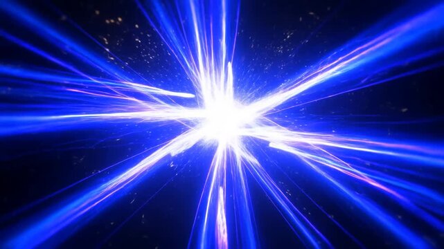 Zoom tracking shot of glowing blue energy beams converging into brilliant burst at dark space void center