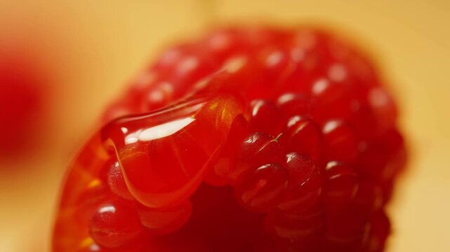 Slow motion macro tracking shot of honey pouring and coating raspberry on warm studio tabletop closeup