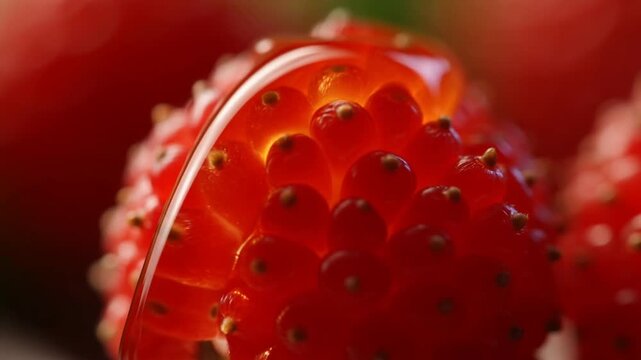 Slow motion macro dolly tracking of raspberry with water droplet sliding across glossy surface in studio close up kitchen tabletop