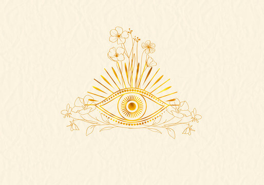 Ilustraci&oacute;n minimalista de ojo m&iacute;stico con corona bot&aacute;nica de laurel en fine-line art negro, dise&ntilde;o boho celestial para logotipo m&iacute;stico, papeler&iacute;a de lujo o l&aacute;mina de bienestar.