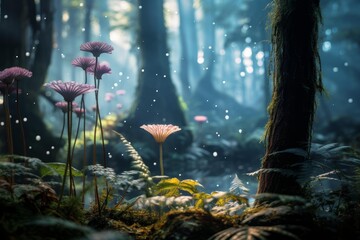 Obraz premium Glowing flora illuminating a magical, mystical forest landscape with sparkling light particles