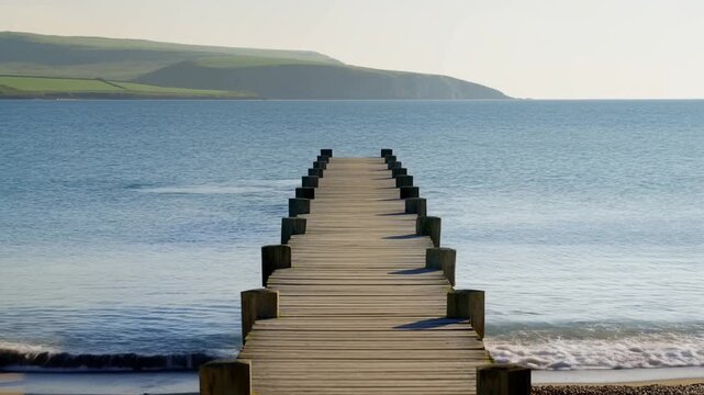 Static shot of wooden jetty extending into calm sea with waves lapping and distant headland on clear daytime coastline