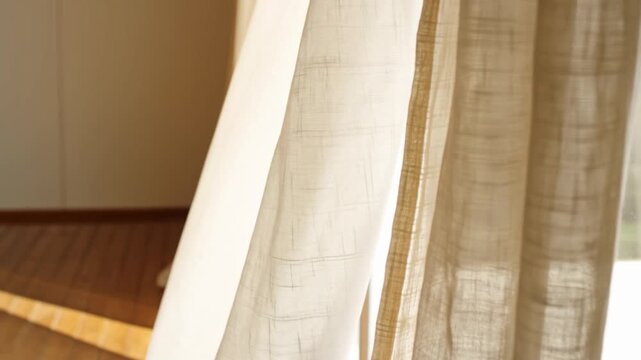 Slow motion view of curtains billowing in sunlight through window in sunlit room with wooden floor