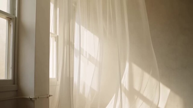 Slow motion static pan tracking of sheer curtains billowing beside sunlit window in interior apartment room with soft shadows and warm morning light