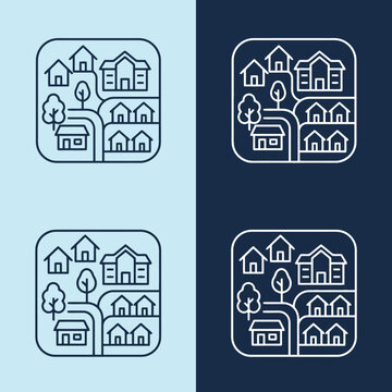 A set of four minimalist icons depicting a small residential neighborhood