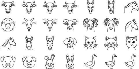 Obraz premium Farm Animal Outline Icon Set with Cow, Goat, Sheep, Horse, Pig, Rabbit, Cat, Dog, and Goose Vector Symbols