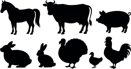 Fototapeta premium Farm Animal Silhouette Set Featuring Horse, Cow, Pig, Sheep, Rabbit, Turkey, Duck, and Rooster in Solid Black Vector Illustration Style