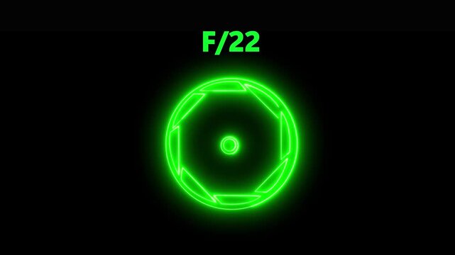 Camera lens neon F/22 icon. Aperture f stop camera lens setting .Camera lens Iris opening and closing, f-stop aperture