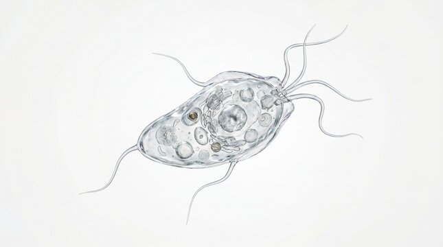 Microscopic organism with flagella and visible internal structures isolated on white background