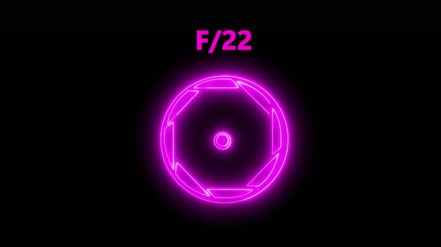 Camera lens neon F/22 icon. Aperture f stop camera lens setting .Camera lens Iris opening and closing, f-stop aperture
