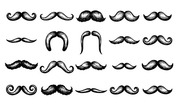 Curly Mustache Icon Bundle, Retro Beard Style Vector Collection