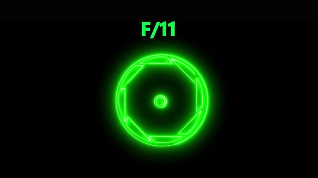 Camera lens neon F/11 icon. Aperture f stop camera lens setting .Camera lens Iris opening and closing, f-stop aperture