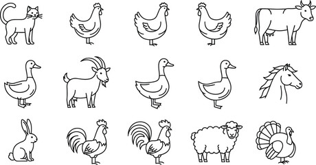 Fototapeta premium Farm Animal Outline Icon Set Featuring Chicken, Duck, Goat, Horse, Sheep, Turkey, Rabbit, and Cow Vector Illustrations