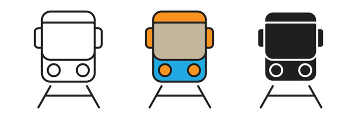 Train Or Subway Icon Vector. Clean vector icons of a locomotive train from the front perspective, presented in outline, flat color, and black glyph. © sunaerih