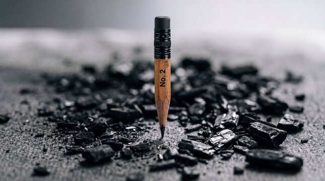 A sharp no 2 pencil standing upright on a dark surface surrounded by broken pencil lead fragments