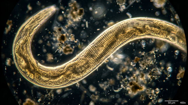Nematode worm appears under a high-powered microscope lens to reveal the intricate biological structures of this small soil-dwelling organism in detail.