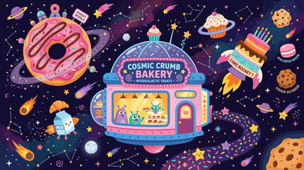 Cute bakery in outer space with donut planets and cake rockets, colorful whimsical flat vector design   © Maftuh