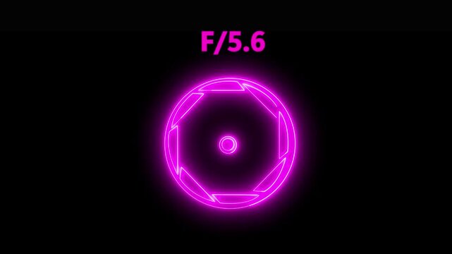Camera lens neon F/5.6 icon. Aperture f stop camera lens setting .Camera lens Iris opening and closing, f-stop aperture