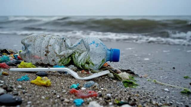 Plastic bottle and fork on a polluted beach, demonstrating ocean pollution and environmental damage caused by waste.