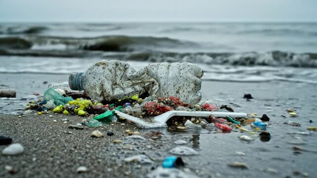 Ocean pollution scene showing a crumpled plastic bottle and waste washed ashore on the beach impacting environmental issues