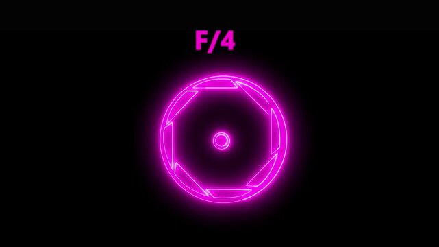 Camera lens neon F/4 icon. Aperture f stop camera lens setting .Camera lens Iris opening and closing, f-stop aperture