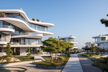 Obraz premium Contemporary residential complex featuring sleek architecture, spacious balconies, and green landscaping under a clear sky