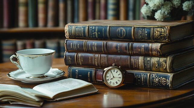 Elegant necklace watch resting on a bookshelf with leather bound novels and a teacup beside it evoking a cozy intellectual setting