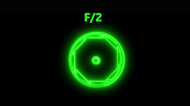 Camera lens neon F/2 icon. Aperture f stop camera lens setting .Camera lens Iris opening and closing, f-stop aperture