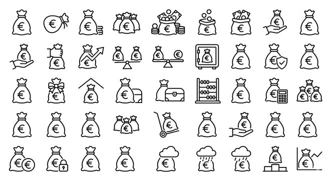 Set of euro money bag line icons