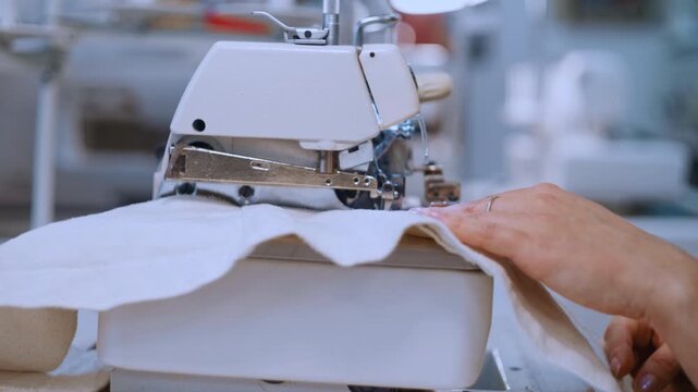 Close-up of a worker's hands sewing white fabric in a textile factory using an overlock machine
