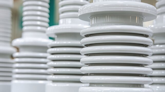 Close-up of precision-cut white ceramic electrical insulators stacked in a row