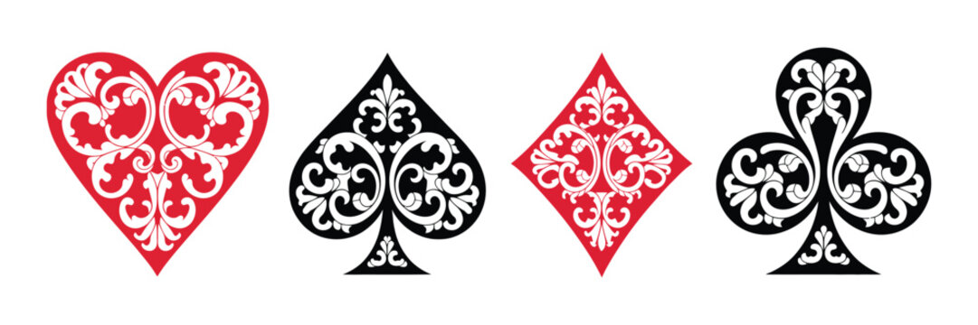 Ornate Floral Playing Card Suit Symbols Featuring Heart, Spade, Diamond and Club in Red and Black Decorative Artistic Design, Elegant Vintage Casino Card Icons