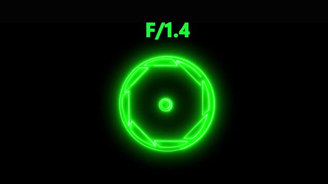 Camera lens neon F/1.4 icon. Aperture f stop camera lens setting .Camera lens Iris opening and closing, f-stop aperture
