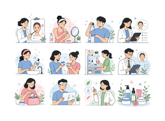 Fototapeta premium Skin Care Set. Cosmetics, cream, lotion, skincare, dermatology, facial care, serum, cleanser, beauty routine, and gentle wellness. 12 minimalist editorial vector scenes: a skincare specialist shows a