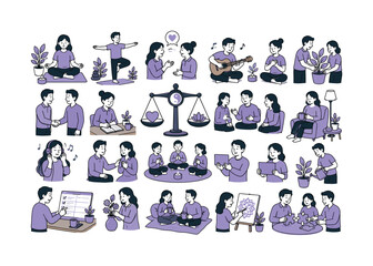 Fototapeta premium Harmony Balance Peace collection of digital illustrations, 12-20 character-driven small scenes across full canvas, people with visible faces and expressive poses finding balance, mediating conflicts,
