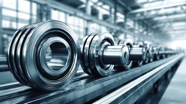 Polished Steel Bearings Lined Up in Industrial Factory Setting for Precision Manufacturing