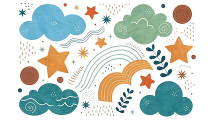 Naklejka premium Boho Rainbow Clouds and Stars Watercolor Clipart Collection, Celestial Nursery Decor Elements, Pastel Abstract Sky Illustration Set