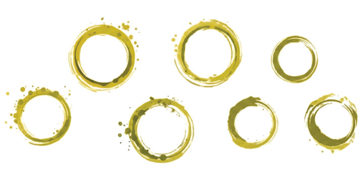 Set of six hand drawn olive green watercolor brush stroke circles with paint splatters