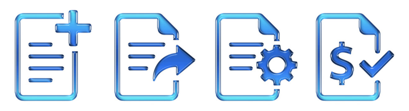 Document management plus share setup finance 3D Glossy Gradient Icons Set. Transparent PNG