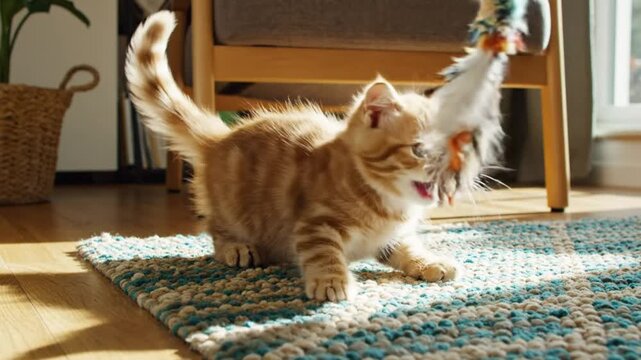 Playful ginger kitten excitedly batting at a feather toy while lying on a blue and white patterned rug inside a well-lit room