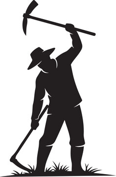 Black silhouette of man holding hoe and cultivator