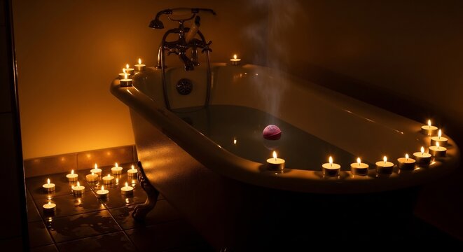 Romantic Bathtub Ambiance with Floating Candles and Steam.