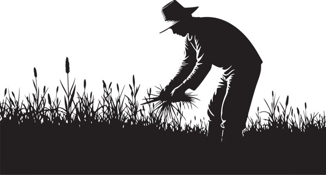 Black silhouette of man in hat bending to pull grass pulling