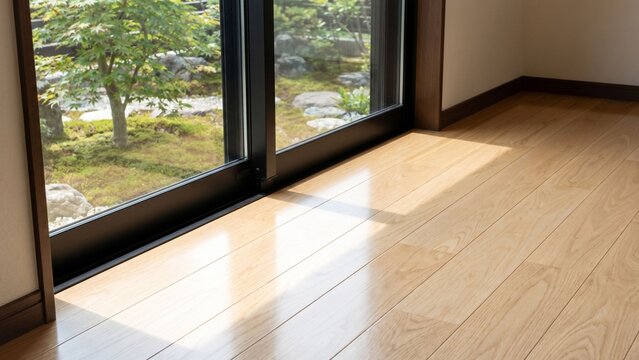 庭の緑を望む大きな掃き出し窓からやわらかな陽光が差し込み、明るい木目フローリングに美しい影を落とす静かな室内風景。空の状態の居住空間が持つ清潔感と開放感、自然とのつながりを印象的に表現した、住宅、不動産、リフォーム、和モダンインテリア提案に使いやすい背景イメージ素材