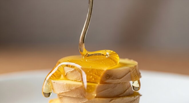 Golden Honey Drizzling Onto Stacked Slices of Bread.